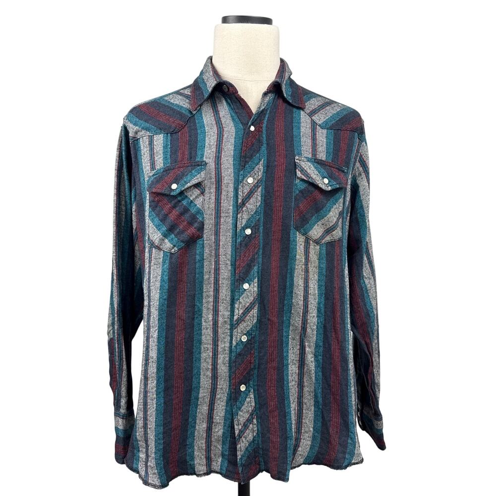 Vintage 80s Wrangler Western Flannel Shirt XL Pearl Snap Striped Cowboy